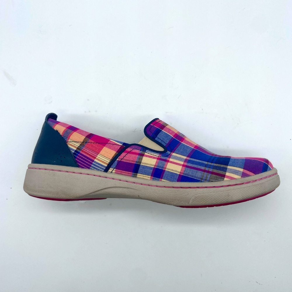 Dansko Plaid Slip-On Sneakers in Pink, Blue and Cream